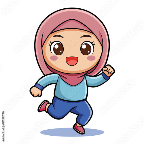 Cartoon girl in hijab running