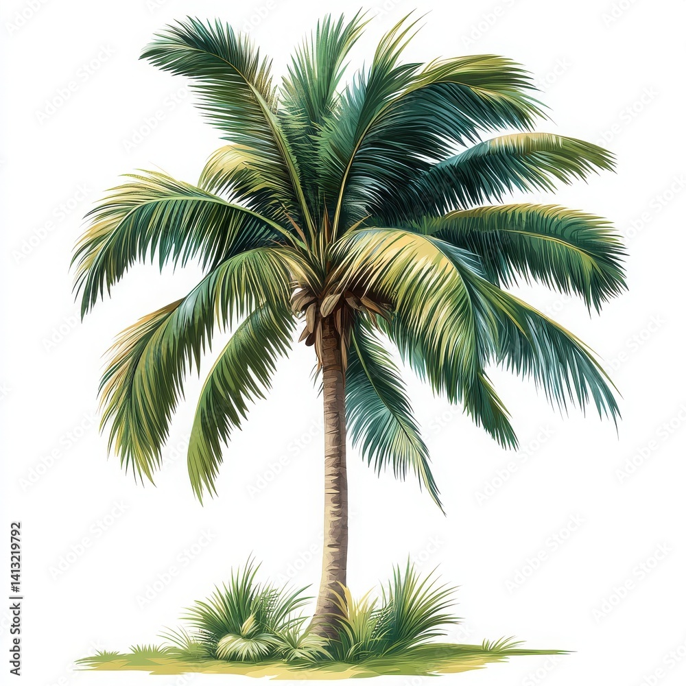 Obraz premium Lush Tropical Coconut Palm Tree Isolated on White Background Summer Vacation Paradise Illustration