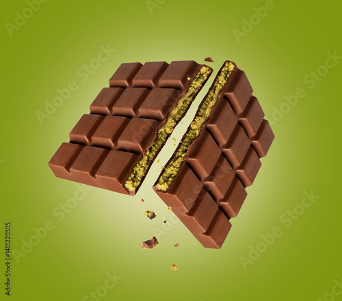 Dubai chocolate broken into two halves in the air on a green background. Dubai chocolate is made with pistachio paste and kadayif