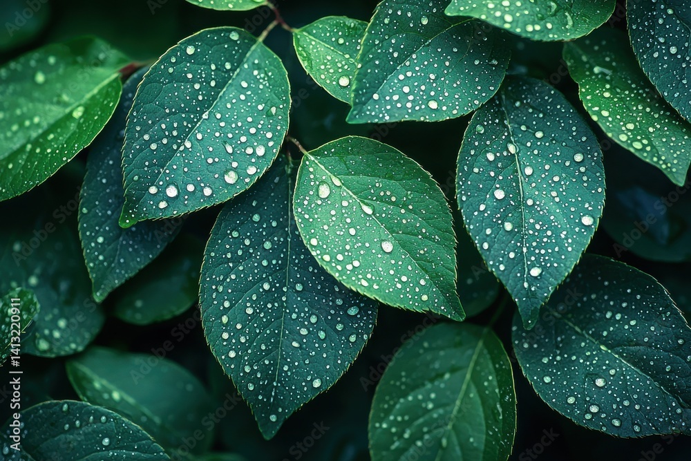 Fototapeta premium Close-up of fresh green leaves with dewdrops captured during early morning