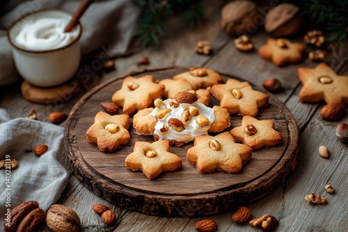 Star-shaped cookies are arranged on a wooden platter alongside a small bowl of cream topped with assorted nuts. The setting features rustic elements, creating a warm atmosphere