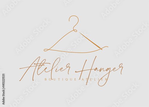 Hanger boutique atelier with inscription drawing in minimalist art linear style on beige background