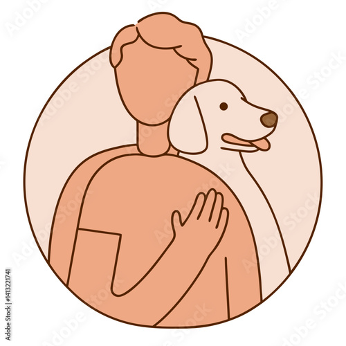 Man embracing support dog in soft pastel illustration