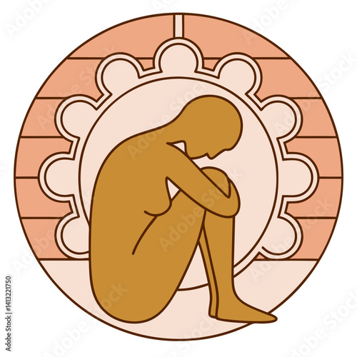 Person curled up in sadness against abstract background