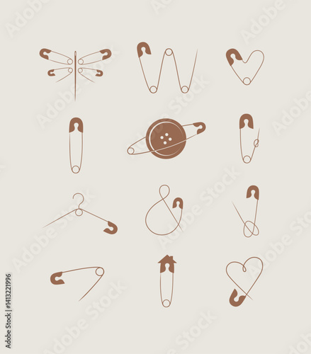Safety pins collection in minimalist art style drawing with brown on beige background