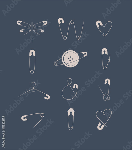 Safety pins collection in minimalist art style drawing with beige on grey background