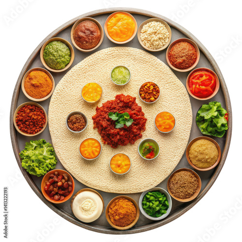 Wallpaper Mural A vibrant assortment of spices and toppings arranged around a central dish, showcasing a variety of colorful ingredients on a circular platter. Torontodigital.ca