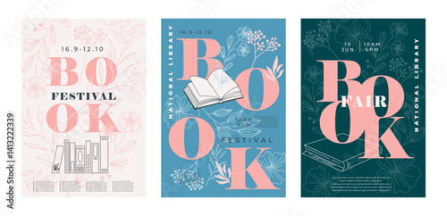Book stack poster. Literature reading festival. Bookstore event invitation. Textbooks with flowers. Library art. School education. Bookshop market flyer design. Vector library garish brochures set