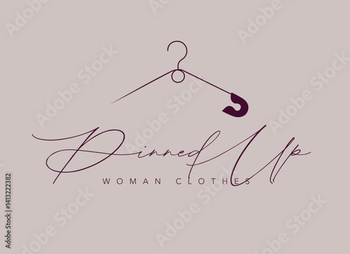 Safety pin hanger woman clothes label drawing in minimalist art line style on pastel background