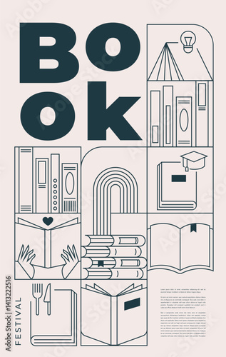 Book fair poster for advertising. Vertical poster for book fair with different books. Advertising template for bookstore, bookshop, library.