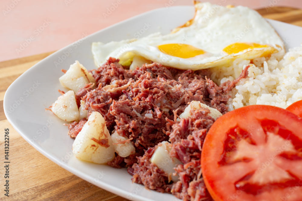 A closeup view of a plate of Filipino corned beef breakfast. A closeup view of a plate of Filipino corned beef breakfast.