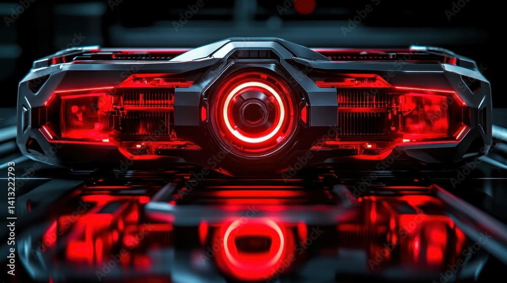 Fototapeta premium Futuristic technology device with glowing red components. Advanced, sleek design. Intricate details. High-tech, futuristic, advanced, and powerful
