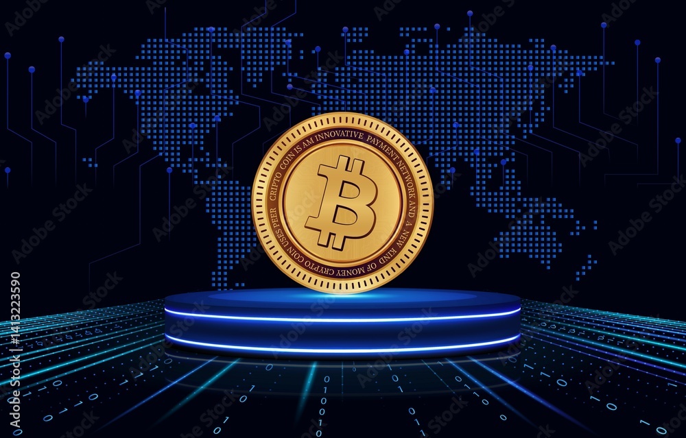 images of the bitcoin-btc logo on a digital background. 3d illustrations.