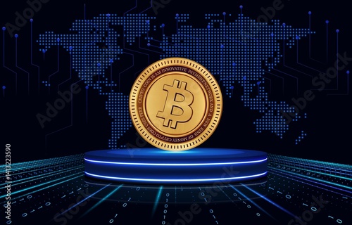 Obraz na płótnie images of the bitcoin-btc logo on a digital background. 3d illustrations. w salonie