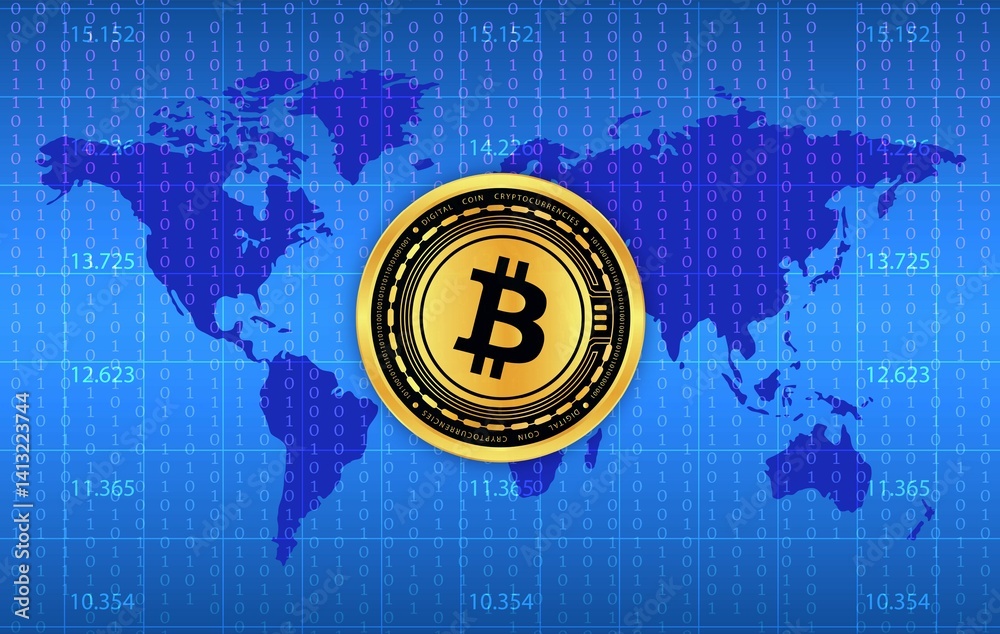 images of the bitcoin-btc logo on a digital background. 3d illustrations.