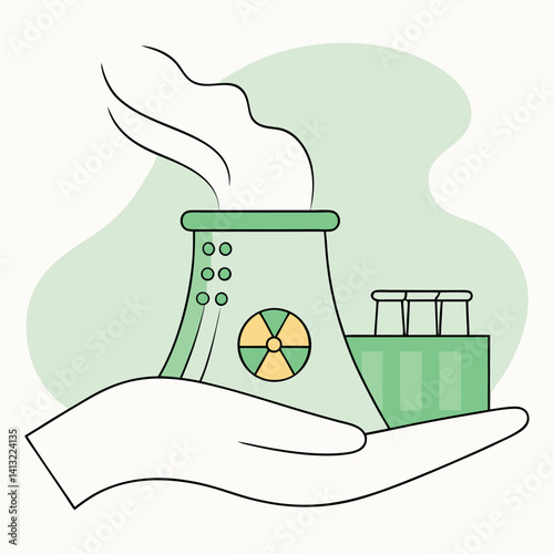 Hand Holding Green Nuclear Power Plant with White Smoke.