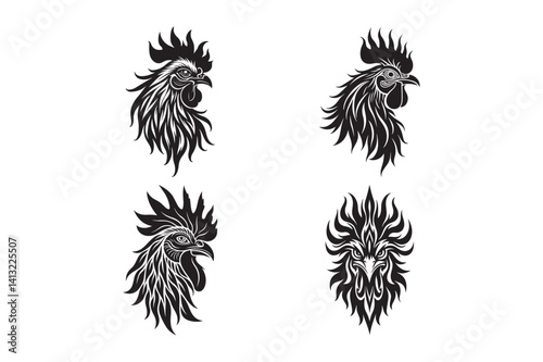 Tribal Rooster Head Vector Silhouettes Tattoo and Logo Designs