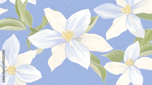 Elegant White Flowers Blue Background Botanical Illustration