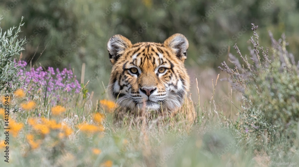 Obraz premium Majestic wild cat portrait close up of a cougar in wildflower meadow