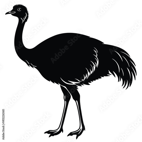 Cute cartoon ostrich vector illustration, a wild bird animal isolated in white silhouette with a long neck and pink feathers