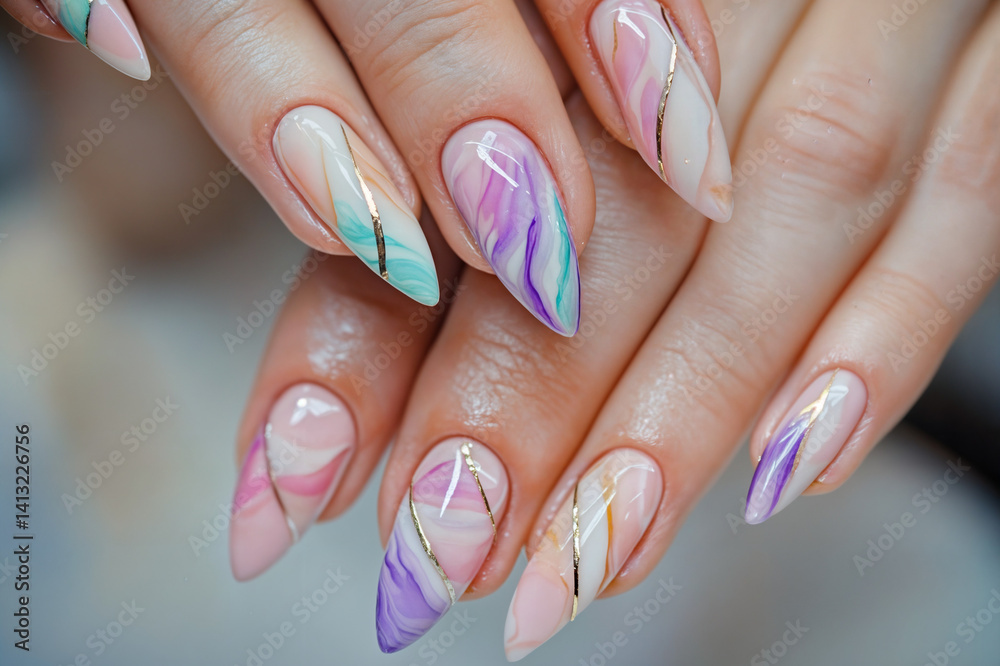 The image shows a close-up of a person's hands with long, stiletto-shaped nails