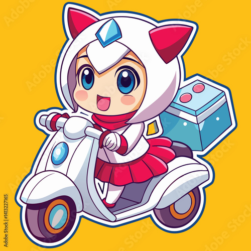 Cute anime girl on scooter with delivery
