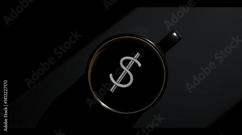 Xícara de café preto, estilo fotografia de produto, vista de cima, desenho de barrista de um cifrão representado o aumento do valor do café. Foto de produto, cafeteria, economia, inflação. Cafeina