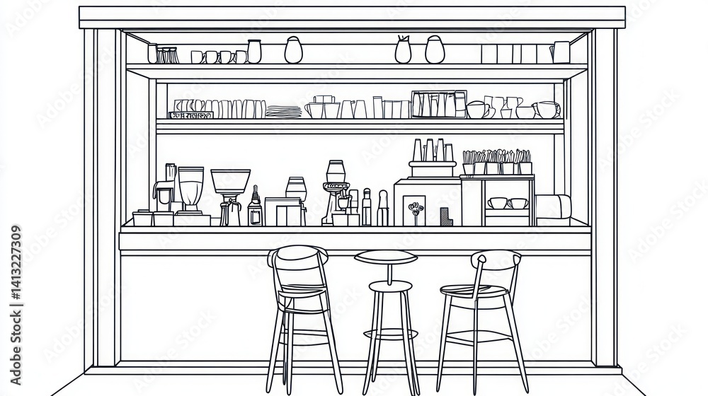 Fototapeta premium Cafe interior design, line drawing, shelves, counter, chairs