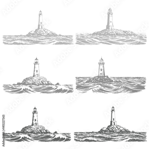 Set of lighthouse with sea water waves, vector