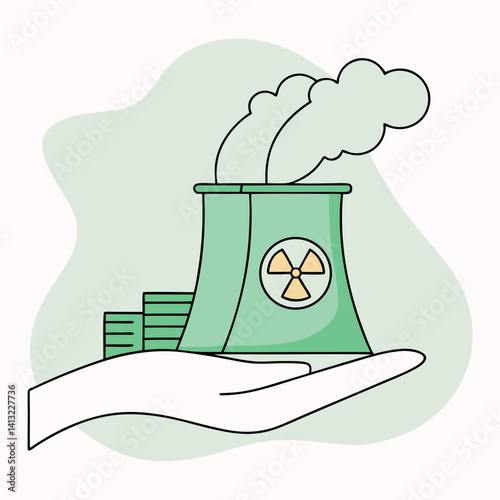 Hand Holding Green Nuclear Power Plant with White Smoke.