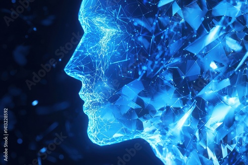 Futuristic concept of a digital face constructed from glowing blue polygons