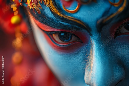 Colorful close up of painted face with expressive eyes in dramatic light