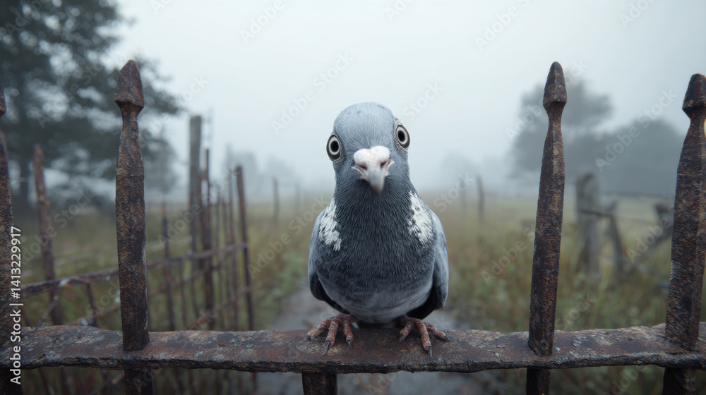 Obraz premium Wide-angle portrait of a humorous pigeon with a surprised look perched on a rusty gate in a foggy countryside morning