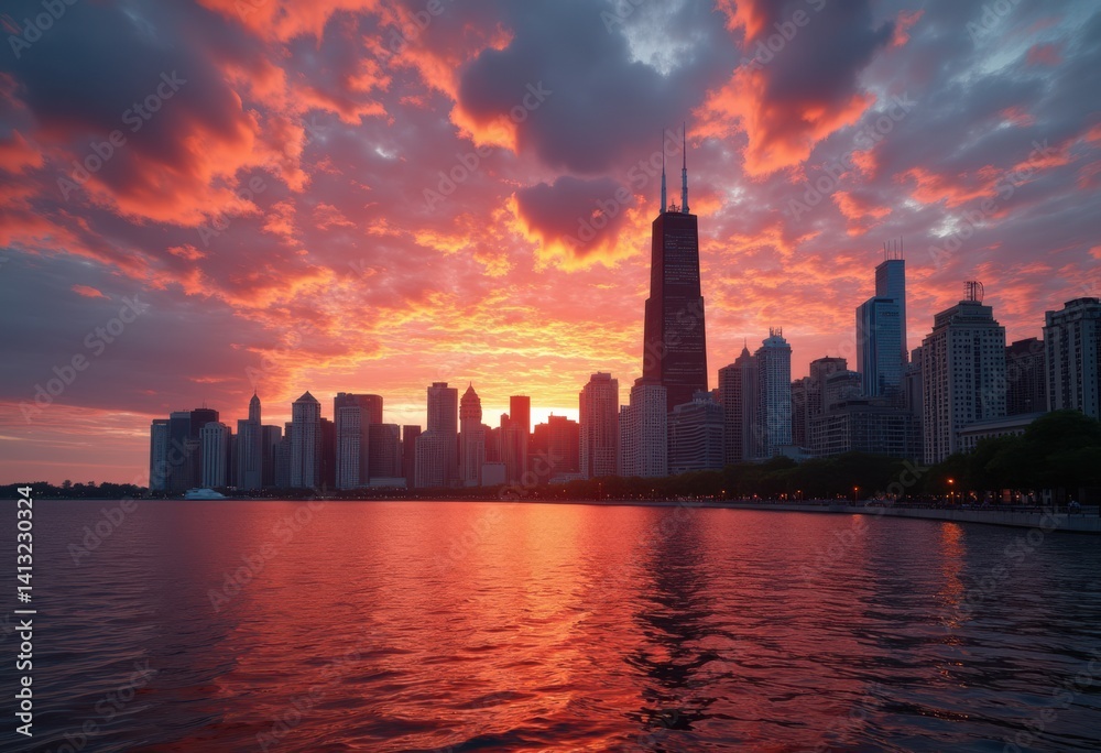 Fototapeta premium chicago skyline sunset vibrant clouds urban reflection colorful silhouette skyline water cityscape evening atmosphere, architecture, buildings, horizon, dusk