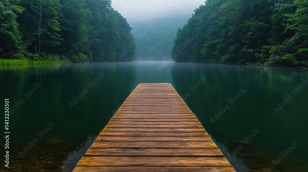 Naklejka premium Serene lake with wooden dock mist nature photography peaceful tranquil landscape