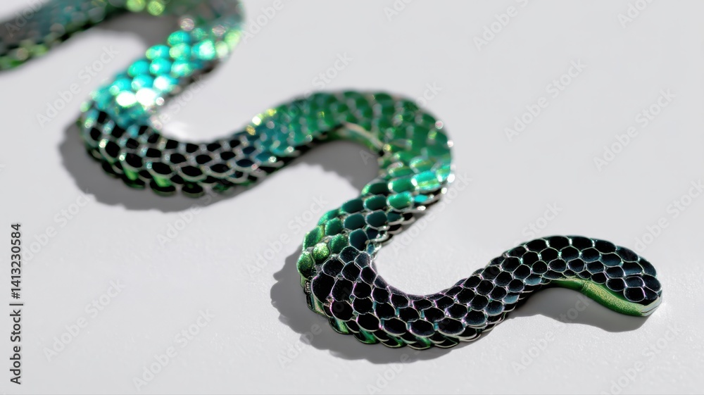 Naklejka premium Closeup view of a waist chain fashioned to resemble a serpent, featuring cosmic black and iridescent emerald hues against a white backdrop
