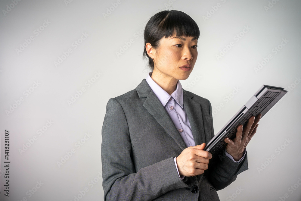 Positive Asian business lady using digital tablet Modern business woman. Positive Asian business lady using digital tablet Modern business woman.