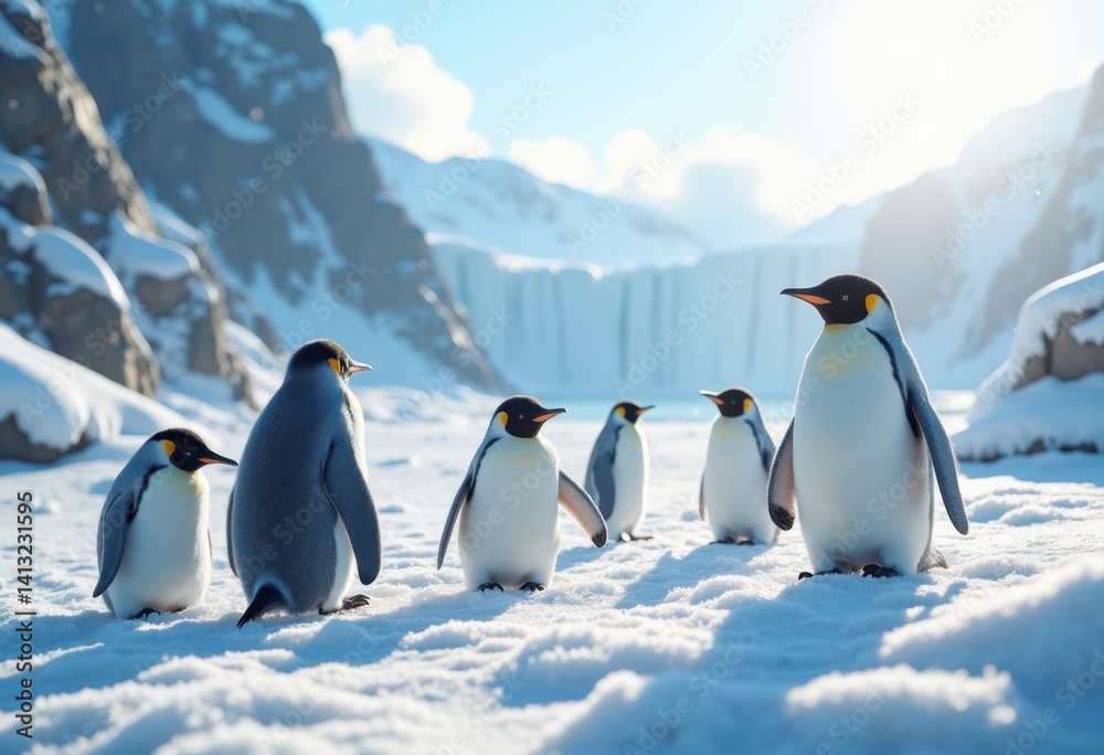Obraz premium detailed scenic view snow covered penguin habitat frozen icy glacial impressive natural setting, wildlife, landscape, ice, glacier, terrain, nature