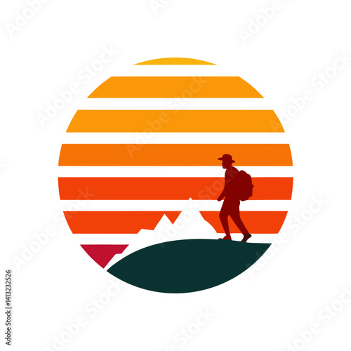 Retro striped sunset with a lone hiker on a cliff vector illustration