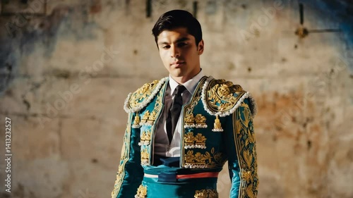 Intense young man in embroidered torero costume stands confidently with an ancient stone background, looking at the viewer.
