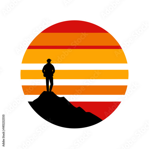 Retro striped sunset with a lone hiker on a cliff vector illustration