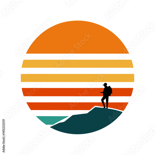 Retro striped sunset with a lone hiker on a cliff vector illustration