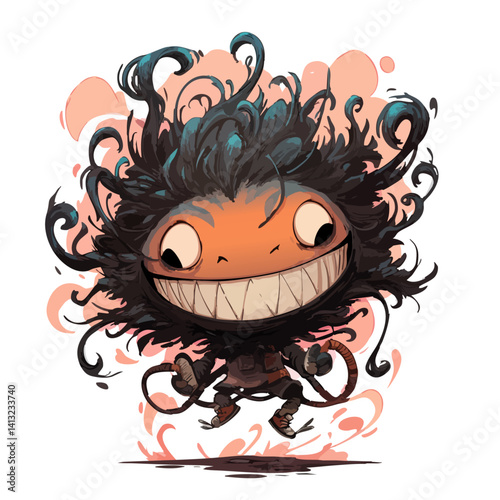 Vector illustration of a bouncy beastie with springy legs and wild hair, playful monster