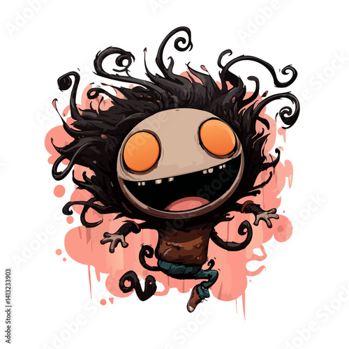 Vector illustration of a bouncy boogey with springy jumps and wild hair, playful monster
