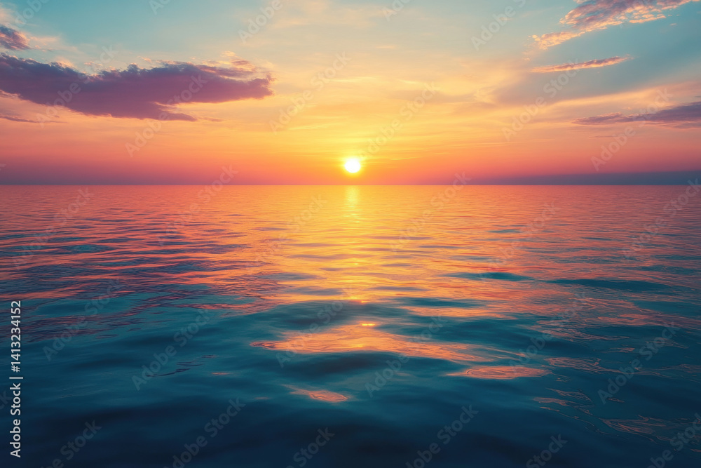Fototapeta premium Sunset over the ocean with dramatic clouds reflecting vibrant colors on the water.