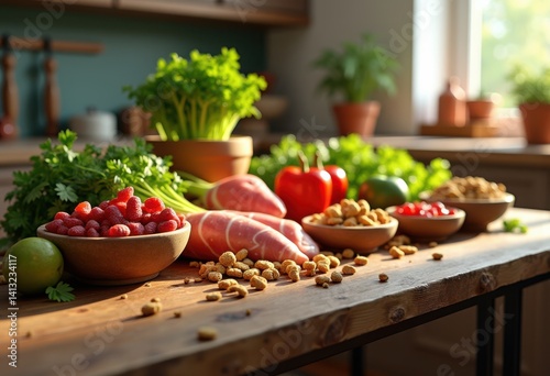 healthy dog food ingredients fresh natural wooden table organic nutrients quality meal preparation, bowl, meat, vegetables, grain, fish, rice, carrot
