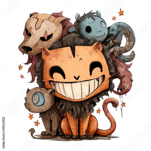 Vector illustration of a cheeky chimera with mismatched animal parts and a sly grin, mythical monster
