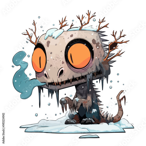Vector illustration of a chilly chupacabra with frosty breath and icy claws, winter horror
