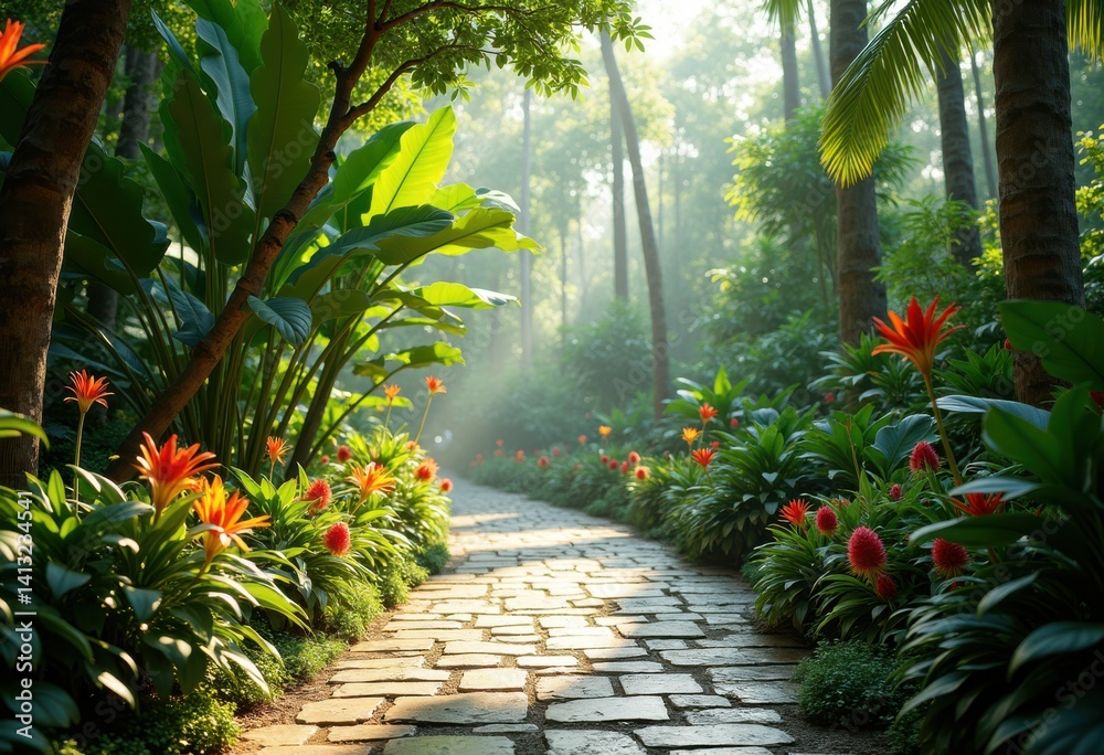 dramatic walkway lush botanical garden pathway tropical flora vibrant greenery colorful plants, bushes, blooming, flowers, nature, outdoors, scenery dramatic walkway lush botanical garden pathway tropical flora vibrant greenery colorful plants, bushes, blooming, flowers, nature, outdoors, scenery