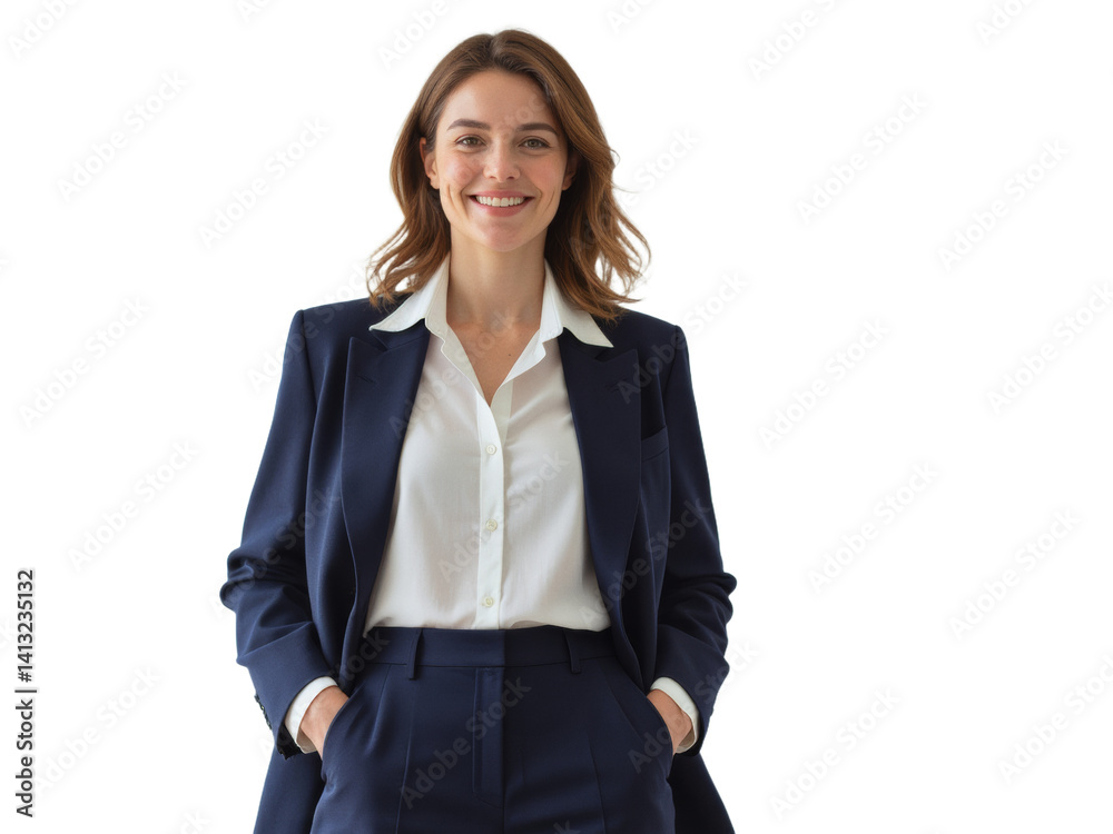 Business portrait isolated on white transparent background: A confident woman in a navy suit and white shirt smiles directly at the camera, exuding professionalism and poise against a clean white ba Business portrait isolated on white transparent background: A confident woman in a navy suit and white shirt smiles directly at the camera, exuding professionalism and poise against a clean white ba